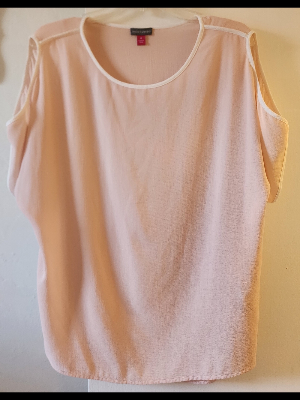 Vince Camuto Blush Pink Cold-Shoulder Blouse with White Trim